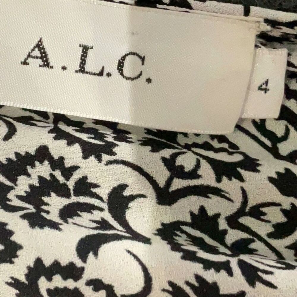 A.L.C. 100% Silk Black White Print Sleeveless Midi Dress Tie Waist Size 4 - Picture 6 of 7